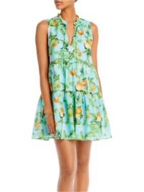 Sleeveless Citrus Print Tie-Neck Mini Dress - Aqua